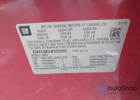2015 GMC Terrain Sle-2 from USA, damaged, VIN 2GKFLWE34F6258355